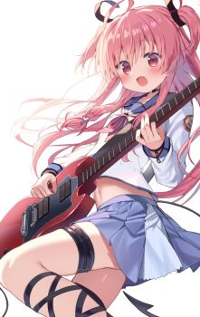 1girl :d absurdres ahoge angel_beats! black_choker black_tail blue_sailor_collar blue_skirt blush choker commentary fang floating_hair guitar happy highres holding holding_guitar holding_instrument instrument long_hair long_sleeves looking_at_viewer midriff miniskirt navel neckerchief open_mouth pink_eyes pink_hair pink_neckerchief pleated_skirt sailor_collar sailor_shirt school_uniform serafuku shinda_sekai_sensen_uniform shirt sidelocks simple_background skirt smile solo tail takepoison tareme thigh_strap two_side_up very_long_hair white_background white_shirt yui_(angel_beats!)