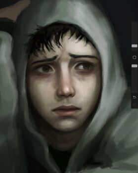 1boy art_program_in_frame bags_under_eyes black_eyes black_hair close-up cry_of_fear grey_hoodie hand_on_own_head hashtag-only_commentary highres hood hood_up hoodie jo4hedan male_focus painterly portrait screencap short_hair simon_henriksson solo worried