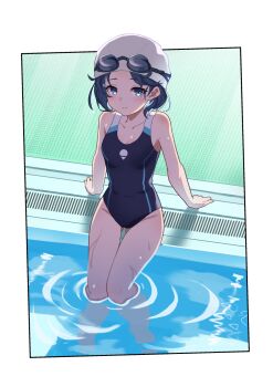 1girl arm_support blue_eyes blue_hair blue_one-piece_swimsuit breasts competition_swimsuit floom_(zeal_fool) goggles goggles_on_head highres looking_at_viewer one-piece_swimsuit poolside princess_connect! sheffy_(princess_connect!) sheffy_(real)_(princess_connect!) sitting small_breasts smile solo swim_cap swim_goggles swimsuit wet