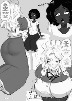 1futa 1girl age_difference breasts clothed_sex clothes cum cum_in_clothes cum_on_body cum_on_breasts cum_on_upper_body dark-skinned_female dark_skin ejaculation_between_breasts english_text erection futa_with_female futanari highres huge_breasts loli long_hair looking_at_viewer mature_female multiple_futa paizuri paizuri_under_clothes size_difference speech_bubble touhou umeyiyo yumeko_(touhou)