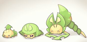 antennae artist_name brown_eyes evolutionary_line gen_5_pokemon grey_background highres jack-o'_challenge leavanny nintendo no_humans pokemon pokemon_(creature) sewaddle simple_background swadloon totennko