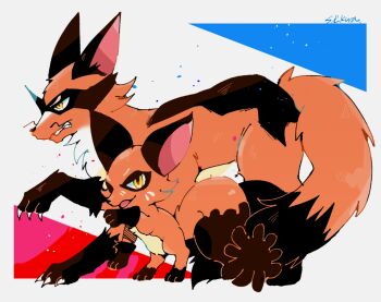 animal_focus claws commentary_request evolutionary_line facial_hair fox gen_8_pokemon mustache nickit nintendo no_humans open_mouth pokemon pokemon_(creature) pokemon_focus shiikura signature smile teeth thievul yellow_eyes