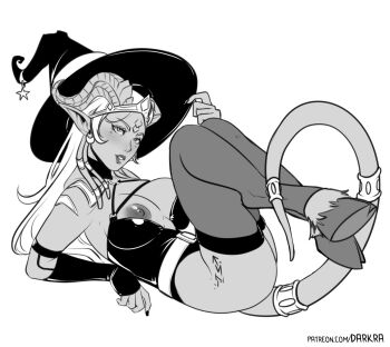 1girl ass breasts darkra draenei earrings elbow_gloves fingerless_gloves gloves hat hooves horns jewelry large_breasts long_hair looking_at_viewer nail_polish nipples pointy_ears smile solo tail teeth thighhighs warcraft witch_hat world_of_warcraft