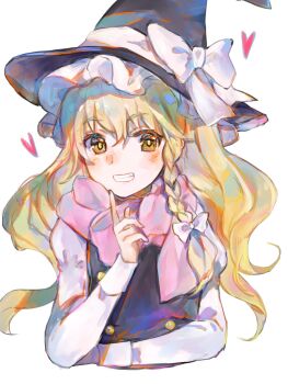 1girl :d black_hat black_vest blonde_hair bow braid commentary_request cropped_torso grin hair_bow hand_up hat hat_bow heart highres kirisame_marisa long_hair long_sleeves looking_at_viewer minatsuki_yurara open_mouth pink_scarf scarf shirt side_braid simple_background single_braid smile solo touhou vest white_background white_bow white_shirt witch_hat yellow_eyes