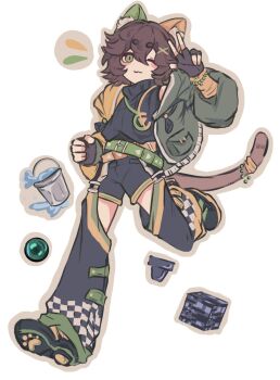 1boy :3 animal_ears animification belt bishounen black_gloves block_(minecraft) block_(object) brown_hair bucket cat_boy cat_ears cat_tail clothing_request commentary ender_pearl fingerless_gloves flipped_sidelocks full_body gloves green_belt green_eyes highres hood hooded_jacket jacket kenadian lanchi0226 looking_at_viewer male_focus minecraft minecraft_youtube multiple_belts one_eye_closed orange_belt paw_shoes short_hair simple_background smile solo streetwear symbol-only_commentary tachi-e tail v water waving white_background