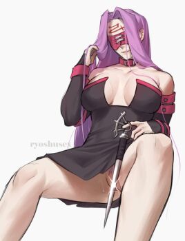 Rule 34 | 1girl, bare shoulders, breasts, cleavage, clitoris slip, convenient censoring, dress, facial mark, fate/stay night, fate (series), forehead mark, glint, highres, knife, large breasts, long hair, long sleeves, medusa (fate), medusa (rider) (fate), purple eyes, purple hair, pussy, pussy peek, ryoshusex, solo, strapless, strapless dress, very long hair