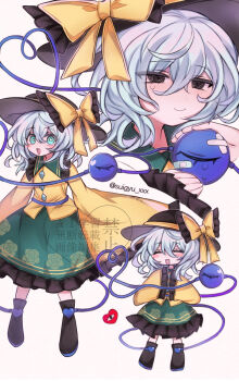 Rule 34 | 1girl, black boots, black hat, boots, bow, buttons, closed mouth, commentary request, diamond button, eyeball, frilled shirt collar, frilled skirt, frilled sleeves, frills, full body, green eyes, green hair, green skirt, hair between eyes, hat, hat bow, heart, heart of string, highres, komeiji koishi, long sleeves, multiple views, shirt, simple background, skirt, smile, solo, suigyu xxx, third eye, touhou, twitter username, watermark, white background, wide sleeves, yellow bow, yellow shirt