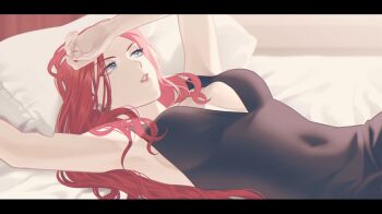 Rule 34 | 1girl, alternate costume, alternate hairstyle, armpits, arms up, bed, black dress, blue eyes, breasts, cleavage, covered navel, dress, eyelashes, grey eyes, half-closed eyes, head on pillow, highres, indoors, jessie (pokemon), letterboxed, long hair, lying, medium breasts, nintendo, on back, on bed, parted lips, pillow, pokemon, pokemon (anime), red hair, ruru (gi xxy), solo