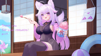 1girl :d absurdres ahoge animal_ear_fluff animal_ears architecture ball beachball bell_sleeves black_bra black_leotard blue_sky blush bra breasts cat_ears cat_girl cat_tail cleavage colored_inner_hair commentary_request commission covered_navel cup day east_asian_architecture eyelashes fang food gold_necklace hand_up highres holding holding_cup holding_spoon indie_virtual_youtuber innertube jewelry large_breasts leotard letter long_hair long_sleeves looking_at_viewer love_letter multicolored_hair necklace open_mouth outdoors pink_nails pinwheel pisceun porch purple_eyes purple_hair see-through_clothes see-through_shirt sharing_food shaved_ice shirt shiyuonline shouji simple_bird sitting skeb_commission sky sliding_doors smile solo spoon summer swim_ring tail thighhighs thong transparent_leotard underwear virtual_youtuber wooden_porch