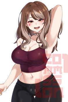 1girl absurdres arm_behind_head armpits azuri909 black_choker black_pants breasts brown_hair choker cleavage commentary commission cowboy_shot english_commentary facial_mark heart heart_choker heart_facial_mark highres large_breasts long_hair looking_at_viewer midriff multicolored_hair navel open_mouth original pants parted_bangs red_tank_top simple_background smile solo streaked_hair swept_bangs tank_top vgen_commission watermark white_background