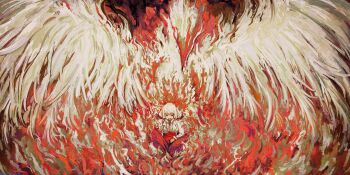 1girl bird blood blood_from_mouth commentary_request fire fujiwara_no_mokou highres hole_in_stomach long_sleeves looking_down muddy_mood pants phoenix red_eyes red_pants shirt sitting touhou white_hair white_shirt