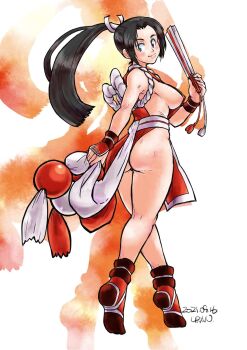 1girl ass barely_covered breasts breasts_out female_focus from_behind huge_ass huge_breasts large_breasts looking_at_viewer nipples pale_skin rekka_uran shiranui_mai standing the_king_of_fighters thick_thighs thighs