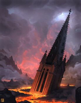 absurdres architecture artist_logo building cathedral church cloud cloudy_sky commentary english_commentary european_architecture gothic_architecture highres lava logo no_humans original outdoors pink_clouds rock ruins scenery sky steeple tower waltjan wide_shot window