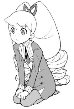 1girl bad_id bow dress drill_hair greyscale hair_bow heriyama long_hair lowres luna_platz_(mega_man) mega_man_(series) mega_man_star_force_(series) monochrome pantyhose short_dress simple_background twin_drills very_long_hair white_background