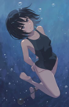 1girl air_bubble amagami asphyxiation ball_and_chain_restraint barefoot black_eyes black_hair black_one-piece_swimsuit blue_one-piece_swimsuit botan_m bound bound_wrists bubble closed_mouth collarbone commentary_request competition_swimsuit drowning egg_vibrator full_body highres holding_breath looking_at_viewer nanasaki_ai one-piece_swimsuit paid_reward_available restrained sex_toy short_hair sinking soles solo struggling submerged swimsuit two-tone_one-piece_swimsuit two-tone_swimsuit underwater vibrator vibrator_under_swimsuit water