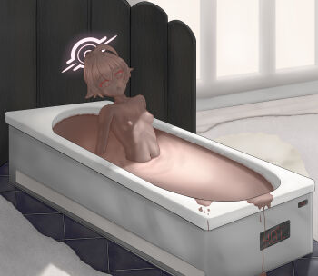1girl absurdres bathtub blue_archive breasts chocolate chocolate_bath chocolate_covered completely_nude halo highres hoshino_(blue_archive) nemenonarts nipples nude open_mouth pink_halo small_breasts solo wet_and_messy
