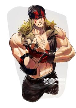 Rule 34 | 1boy, abs, adjusting clothes, adjusting gloves, alex (street fighter), arms up, bare pectorals, beanie, belt, belt buckle, black belt, black pants, black vest, blonde hair, buckle, closed mouth, collarbone, commentary request, cropped legs, facial mark, frown, gloves, hat, highres, lightning bolt facial mark, lightning bolt symbol, long hair, looking to the side, male focus, muscular, muscular male, open clothes, open vest, pants, pectorals, sideways glance, signature, solo, street fighter, street fighter 6, tanaka nitouhei, vest, watermark