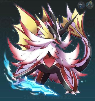 albrt-wlson alternate_color animal_focus character_name closed_mouth commentary english_commentary fang full_body fusion gen_1_pokemon glowing glowing_sword glowing_weapon gyarados highres hisuian_samurott holding holding_sword holding_weapon instagram_username mega_gyarados mega_pokemon nintendo no_humans official_art_inset pokemon pokemon_(creature) pokemon_focus reference_inset shiny_pokemon solo sword v-shaped_eyes weapon yellow_eyes