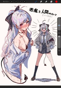 Rule 34 | 1girl, bikini, black bikini, blush, heterochromia, hitanu, ishigami nozomi, multiple views, nijisanji, open clothes, open shirt, standing, swimsuit, tail, virtual youtuber