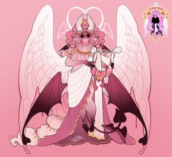 Rule 34 | 1girl, absurdres, ancient greek clothes, angel, angel wings, bat wings, breasts, commentary, conjoined, cookie run, cookie run: kingdom, covered erect nipples, demon girl, demon tail, demon wings, drill hair, english commentary, eternal sugar cookie, extra eyes, feathered wings, greco-roman clothes, harp, highres, hooves, instrument, large breasts, looking to the side, multiple heads, pink background, pink hair, promflop, simple background, tail, wings