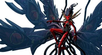 Rule 34 | 1girl, artist request, black hair, black sclera, breasts, center opening, claws, colored sclera, colored skin, cuffs, kiskil-lilla (persona), long eyebrows, official art, persona, persona (summon), persona 5, persona 5: the phantom x, red skin, shackles, slit pupils, solo, talons, third-party source, transparent background, wings