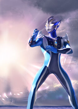 Rule 34 | 1boy, absurdres, alien, arm guards, armor, blue skin, cloud, color timer, colored skin, commentary, compound eyes, dark cloud, diffraction spikes, dorsal fin, feet out of frame, fighting stance, fukutaro01, giant, giant male, glowing, glowing eyes, hands up, highres, horizon, knight brace, legs apart, light particles, looking ahead, male focus, multicolored skin, no pupils, outdoors, pectorals, pointy ears, shoulder armor, silver skin, sky, solo, standing, studs, sun, sunrise, tokusatsu, toned, toned male, twitter username, two-tone skin, ultra series, ultraman hikari, ultraman mebius (series), white eyes