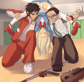 Rule 34 | 1girl, 2boys, aqua dress, bad id, bad pixiv id, battle, blonde hair, bow (music), broken, capcom, closed eyes, dress, instrument, justice gakuen, kinniku buster, kirishima yurika, long hair, maasan, moero! justice gakuen, multiple boys, nekketsu hayato, panties, pantyshot, shimazu hideo, spread legs, thighhighs, underwear, upside-down, upskirt, violin, white panties, white thighhighs, wrestling