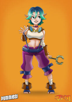 1girl absurdres copyright_logo feet green_eyes green_hair highres jak_and_daxter jak_ii keira_hagai logo long_ears pummies! short_hair smile teeth toes wrench