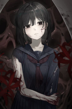Rule 34 | 1girl, absurdres, black eyes, black hair, black sailor collar, black serafuku, black skirt, blood, blood on arm, blood on face, blurry, blurry foreground, cheek injury, commentary, cowboy shot, dark background, flower, hair between eyes, hand on own arm, head tilt, highres, k hottok, neckerchief, pleated skirt, red neckerchief, sailor collar, school uniform, serafuku, shimizu hinako, short hair, silent hill (series), silent hill f, skirt, solo, spider lily, torn clothes, torn sleeve