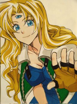 Rule 34 | 1girl, blonde hair, breasts, cleavage, closed mouth, commentary request, cropped jacket, dress, fingerless gloves, gloves, highres, jacket, jewelry, long hair, looking at viewer, necklace, opera vectra, simple background, smile, solo, star ocean, star ocean: the second story, third eye, white background
