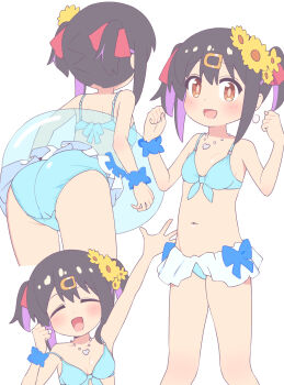 1girl :d ^_^ arm_up ass bare_arms bare_legs bare_shoulders bikini bikini_skirt black_hair blue_bikini blue_bow blue_ribbon blue_scrunchie blush bow bow_bikini breasts brown_eyes clenched_hands closed_eyes collarbone dot_nose earrings flower from_behind front-tie_bikini_top front-tie_top hair_between_eyes hair_flower hair_ornament hair_ribbon hair_scrunchie hairclip hands_up heart heart_necklace innertube jewelry leaning_forward loli looking_at_viewer multicolored_hair multiple_views navel necklace onii-chan_wa_oshimai! open_mouth oyama_mihari purple_hair red_ribbon ribbon scrunchie short_hair simple_background small_breasts smile stomach strap_slip swim_ring swimsuit twintails two-tone_hair waving white_background wrist_scrunchie yellow_flower