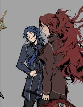 Rule 34 | 1boy, 1girl, ascot, black pants, blue ascot, blue coat, blue hair, brooch, chesed (project moon), coat, cowboy shot, e.g.o (project moon), gebura (project moon), gem, high ponytail, highres, holding, holding sword, holding weapon, jewelry, library of ruina, long hair, low ponytail, mimicry (e.g.o), open mouth, pants, ponytail, project moon, red ascot, red coat, red gem, red hair, smile, sword, very long hair, weapon, yellow eyes, zomerm