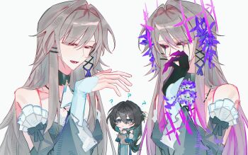 Rule 34 | 2girls, ?, ascot, bare shoulders, black hair, brown hair, claws, crown, crying, detached sleeves, floating crown, flower, frills, hair flower, hair ornament, hashtag-only commentary, herta (honkai: star rail), herta (rubert iii) (honkai: star rail), highres, honkai: star rail, honkai (series), long hair, multicolored hair, multiple girls, purple eyes, ruan mei (honkai: star rail), salmon fish7, skull, streaked hair, streaming tears, tears, the herta (honkai: star rail), white background, x hair ornament, yuri