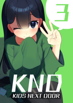 1girl ;) asagi_shiki_(artist) black_eyes black_hair black_pants character_name codename:_kids_next_door copyright_name green_background green_shirt highres long_hair numbuh_3 one_eye_closed pants shirt sleeves_past_fingers sleeves_past_wrists smile solo spoken_number