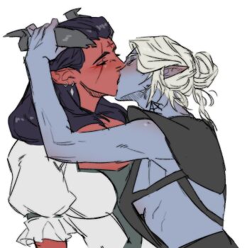 Rule 34 | 2girls, baldur's gate, baldur's gate 3, bare arms, black hair, black shirt, blonde hair, blush, breasts, closed eyes, colored skin, dark elf, demon girl, demon horns, dungeons & dragons, dungeons &amp; dragons, ear piercing, elf, frilled sleeves, frills, from side, grey skin, hair bun, horn grab, horns, interracial, kiss, medium hair, minthara, multiple girls, neck tattoo, oc x canon, piercing, pointy ears, red skin, scar, scar across eye, scar on face, shirt, short hair, sideboob, simple background, single hair bun, tattoo, tav (baldur's gate), tiefling, wakemeup9end, white background, white shirt, yuri