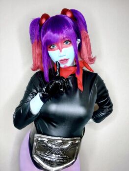 1girl belt black_leotard breasts cosplay gradient_hair green_eyes highres kamen_rider leotard lips long_hair looking_up model_request multicolored_hair open_mouth pantyhose photo_(medium) purple_hair shiny_clothes shocker_(kamen_rider) smile solo standing tongue tongue_out toujima_tanzaburou_wa_kamen_rider_ni_naritai twintails yukarisu yukarisu_(cosplay)