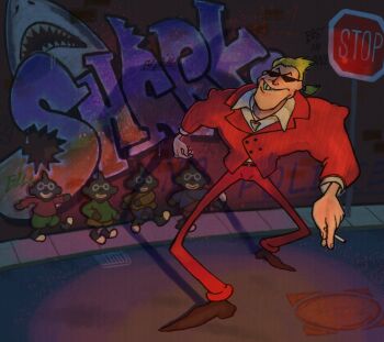 5boys blonde_hair building captionpanic cigarette formal_clothes frank_fly full_body graffiti grin highres manhole_cover mother_(series) mother_2 multiple_boys nintendo outdoors ponytail road_sign shark_tooth sharks_(mother_2) sidewalk sign smile solo_focus stop_sign suit sunglasses