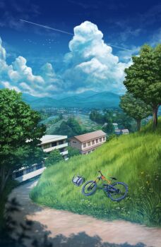 balcony bicycle bird blue_sky building cloud contrail cumulonimbus_cloud day grass horizon mountain mountainous_horizon no_humans original path reason_(mark-of-the-unicorn) river road scenery sky summer town tree white_bird window