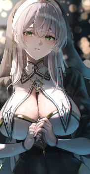 1girl absurdres black_coif black_dress black_veil blush breast_curtains breasts cleavage coif commentary_request dress green_eyes grey_hair guimpe hair_between_eyes hana_hebi highres hololive jewelry large_breasts light_blush long_hair long_sleeves looking_at_viewer necklace nun official_alternate_costume official_alternate_hair_length official_alternate_hairstyle own_hands_together parted_lips pelvic_curtain praying shirogane_noel shirogane_noel_(battle_nun) solo sweatdrop thighhighs upper_body veil virtual_youtuber white_background
