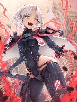 1girl absurdres armor aura black_leotard black_thighhighs breastplate breasts capelet commentary contrapposto cowboy_shot crazy_eyes crazy_smile cyborg debris drake_(nikke) eyelashes goddess_of_victory:_nikke gun hair_ornament hairclip highleg highleg_leotard highres holding holding_gun holding_weapon leg_armor leotard looking_at_viewer mechanical_hands open_mouth parted_bangs prosthesis red_capelet red_eyes ruins sanpaku science_fiction short_hair shotgun shoulder_armor sidelocks small_breasts smile solo standing tachibana_yuu_(shika) teeth thighhighs upper_teeth_only weapon white_hair