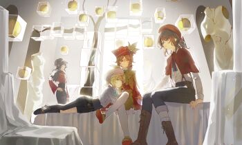 4boys absurdres androgynous apple ascot asymmetrical_legwear backlighting beret black_corset black_hair black_hat black_pants black_pantyhose black_shoes blonde_hair blue_bow blue_bowtie blue_eyes blue_gem boots bow bowtie brown_boots brown_hair capelet commentary corset crossed_legs denim drill_hair drill_ponytail edgar_valden edgar_valden_(golden_ratio) edgar_valden_(multicolor_printing) edgar_valden_(narcissus) english_commentary expressionless eye_mask food frilled_shirt frills fruit gem golden_apple hair_bow half_eye_mask hat highres identity_v jeans kneehighs knees_together_feet_apart loafers lying male_focus mask multiple_boys multiple_persona neck_ribbon on_side pants pants_rolled_up pantyhose parted_lips pba_471 red_ascot red_bow red_capelet red_hat red_ribbon red_shirt red_tunic ribbon sculpture shirt shoes single_leg_pantyhose sitting socks surreal suspenders trap tree tunic uneven_legwear white_pantyhose white_shirt yellow_bow yellow_bowtie yellow_eyes