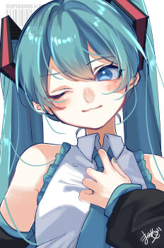 Rule 34 | 1girl, :3, absurdres, arm tattoo, bare shoulders, blue eyes, blue hair, blue necktie, blue trim, blush, breasts, closed mouth, collared shirt, commentary request, detached sleeves, hair between eyes, hand on own chest, hatsune miku, highres, long hair, looking at viewer, mai mugi, medium breasts, necktie, number tattoo, one eye closed, shirt, signature, simple background, sleeveless, sleeveless shirt, smile, solo, tattoo, twintails, twitter username, upper body, very long hair, vocaloid, watermark, white background, white shirt