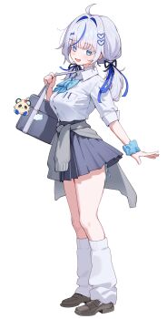 Rule 34 | absurdres, ahoge, aokumo rin, bag, bag charm, black skirt, blue bow, blue eyes, blue hair, blush, bow, breast pocket, breasts, brown shoes, charm (object), clothes around waist, cloud, collared shirt, colored eyelashes, dress shirt, full body, grey hair, grey sweater, hair intakes, hair ornament, hairclip, hashtag-only commentary, heart, heart hair ornament, highres, holding, holding bag, kurimi (aokumo rin), looking at viewer, looking to the side, loose socks, medium breasts, medium hair, multicolored hair, open mouth, pleated skirt, pocket, school bag, scrunchie, shirt, shoes, side-tie peek, simple background, skirt, socks, standing, stellive, streaked hair, sweat, sweater, sweater around waist, tay (cdjk7758), thighs, virtual youtuber, white background, white eyelashes, white shirt, wrist scrunchie, x hair ornament