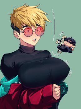 1boy 1girl arms_under_breasts black_hair black_jacket black_pants black_shirt blonde_hair blue_eyes blush bouncing breasts chibi coat commentary_request covered_erect_nipples cross facial_hair falling flying_sweatdrops frown gaeha_is genderswap genderswap_(mtf) glasses goatee_stubble green_background grey_shirt highres impossible_clothes jacket korean_commentary large_breasts long_sleeves looking_at_another mini_person miniboy mole mole_under_eye multicolored_hair nicholas_d._wolfwood off_shoulder open_mouth pants prosthesis prosthetic_arm red-tinted_eyewear red_coat round_eyewear shirt short_hair size_difference sleeves_past_wrists stubble sunglasses surprised tinted_eyewear trigun trigun_stampede turtleneck two-tone_hair upper_body vash_the_stampede