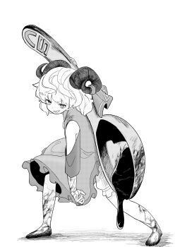 1girl absurdres bare_shoulders barefoot bloomers dress grin highres holding holding_spoon horizontal_pupils horn_ornament horn_ribbon horns looking_at_viewer medium_hair monochrome motutigire oversized_spoon pointy_ears ribbon sharp_teeth sheep_horns smile solo spoon teeth touhou toutetsu_yuuma underwear