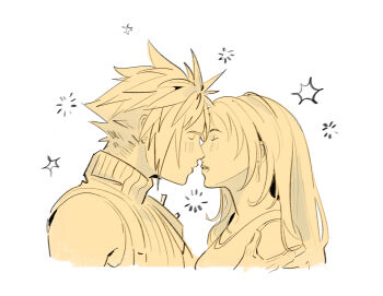 1boy 1girl ashlena_sharma bare_shoulders blush closed_mouth cloud_strife commentary couple earrings english_commentary face-to-face final_fantasy final_fantasy_vii final_fantasy_vii_rebirth final_fantasy_vii_remake from_side hand_on_another's_arm hetero highres imminent_kiss jewelry long_hair parted_lips profile ribbed_sweater scene_reference short_hair simple_background single_earring sleeveless sleeveless_turtleneck sparkle spiked_hair sweater tank_top tifa_lockhart turtleneck turtleneck_sweater upper_body white_background
