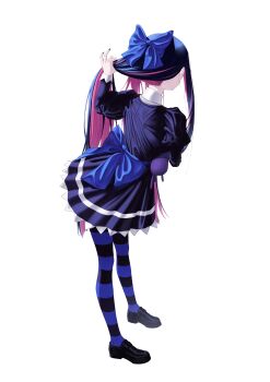 absurdres back_bow black_dress black_hair black_shoes blue_bow bow co_duck colored_inner_hair commentary dress hair_bow hand_up highres juliet_sleeves long_hair long_sleeves multicolored_hair nape panty_&amp;_stocking_with_garterbelt pink_hair presenting puffy_sleeves shoes simple_background stocking_(psg) striped_clothes striped_thighhighs thighhighs very_long_hair white_background