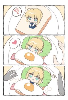 !? absurdres ahoge aqua_eyes artoria_pendragon_(fate) bacon bed black_shoes blonde_hair blue_bow blue_skirt bow braid bread bread_slice commentary fate/grand_order fate_(series) flower food fork fried_egg frown highres knife lettuce long_hair looking_at_viewer muryo_55555 plate saber_(fate) shirt shoes skirt surprised sweatdrop untranslatable_commentary white_shirt