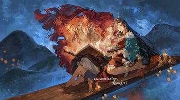 2girls anklet barefoot black_hair blue_eyes blue_sky book book_on_lap bowl breasts chinese_clothes closed_mouth commission dress dutch_angle fireworks floating_hair full_body green_sleeves hair_branch hair_bun hair_ornament hair_over_one_eye hanfu heart heart_hair_ornament hice_hideice highres holding holding_bowl jewelry jiu_niangzi lantern lantern_on_liquid long_hair long_skirt looking_at_object looking_at_viewer mini_person minigirl mountain multiple_girls night open_book outdoors pants pants_under_skirt paper_lantern reading red_dress red_skirt reverse:1999 seiza shirt single_side_bun sitting skirt sky small_breasts smile statuette very_long_hair water white_pants white_shirt yenisei_(reverse:1999)