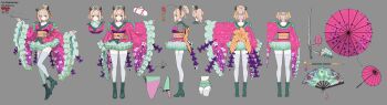 1girl absurdres animal_ears bell blonde_hair bloomers boots breasts choker commentary concept_art english_commentary epebe frilled_kimono frilled_skirt frilled_sleeves frills garter_straps green_boots green_eyes green_skirt grey_background hair_bell hair_bun hair_ornament hair_ribbon hand_fan highres holding holding_smoking_pipe indie_virtual_youtuber japanese_clothes katana kimono large_breasts miniskirt multiple_views nimi_nightmare nimi_nightmare_(a_dream_of_spring) obi official_alternate_costume official_alternate_hairstyle oil-paper_umbrella pink_choker pink_kimono reference_sheet ribbon sash simple_background single_hair_bun skirt skirt_under_kimono smoking_pipe solo sword tapir_ears tapir_girl thighhighs umbrella underwear virtual_youtuber weapon white_thighhighs wide_sleeves zettai_ryouiki